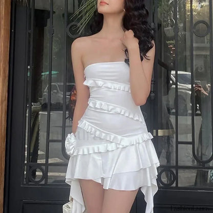 Y2K Off Shoulder Strapless Ruffle Hem Mini Floral Dress