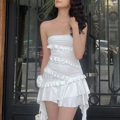 Y2K Off Shoulder Strapless Ruffle Hem Mini Floral Dress