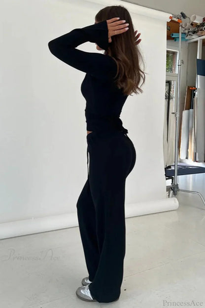 Y2K Sexy V-Neck Fitted Top Casual Pants Two Piece Set