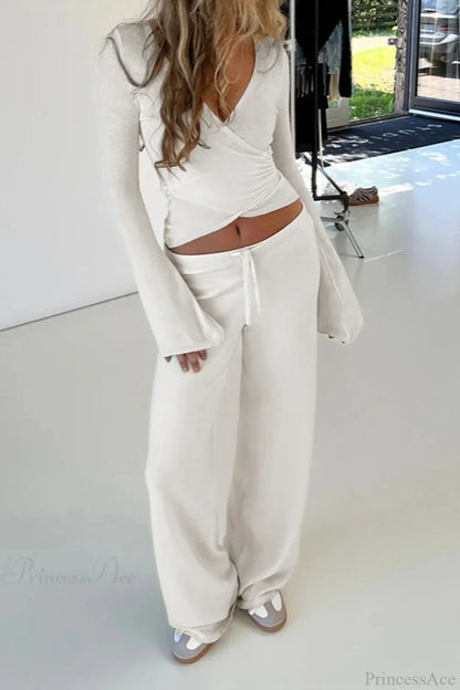 Y2K Sexy V-Neck Fitted Top Casual Pants Two Piece Set