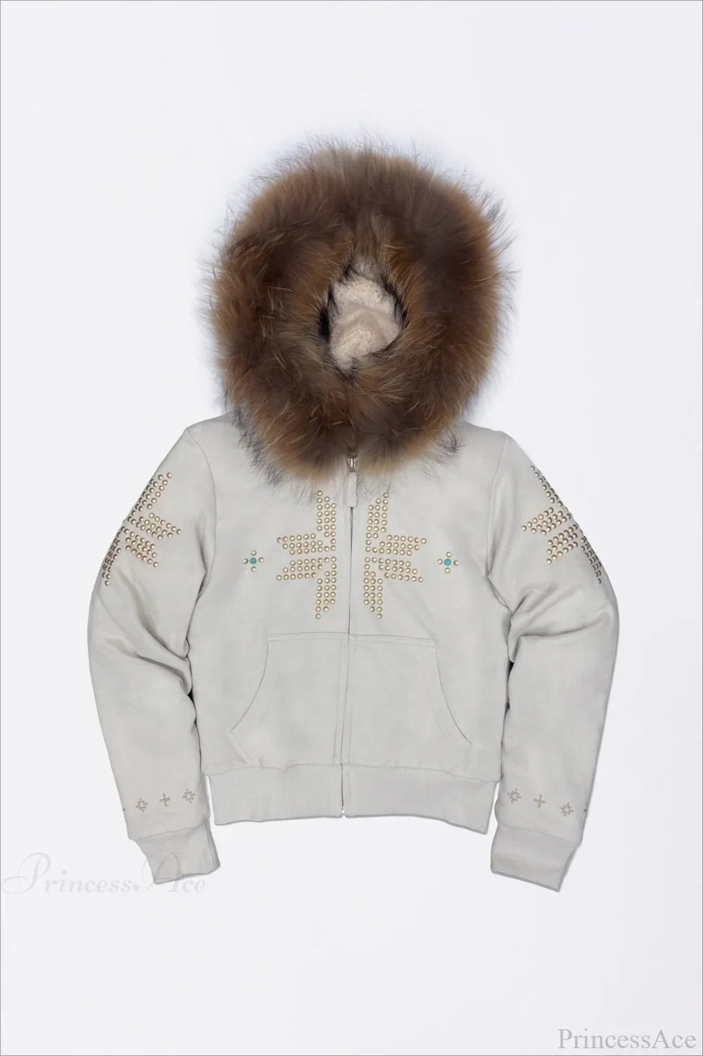 Y2K Sherpa Collar Rhinestone Zip-Front Waist-Cinched Hoodie