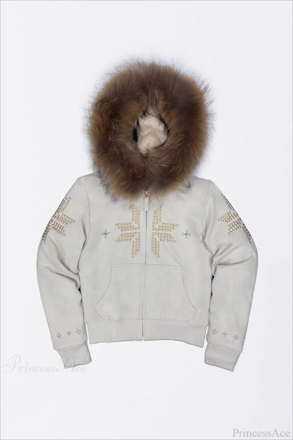 Y2K Sherpa Collar Rhinestone Zip-Front Waist-Cinched Hoodie