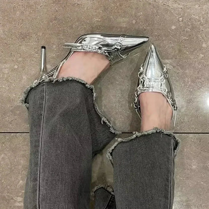 Y2K Silver Rebel Gothic Pointed Toe Tall Heel