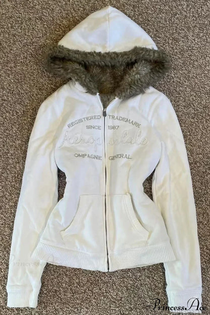 Y2K Solid Fleece Embroidered Letter Zip Hoodie