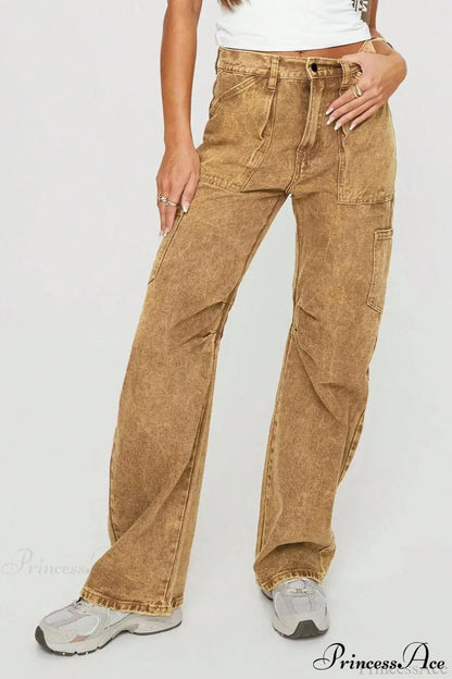 Y2K Washed Brown Straight Leg Cargo Jeans