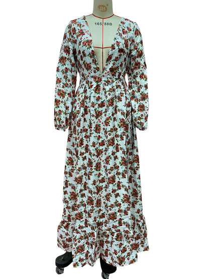 Long Sleeve Floral Maxi Gown - Pink Boho Flowy V Neck Ruffle Dress - Spring Holiday Beach 2026