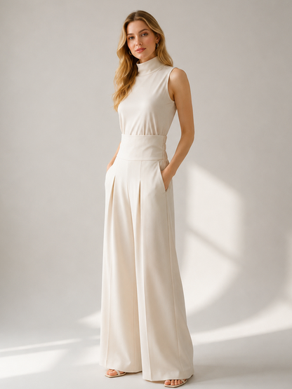 Two Piece Sets Pant Set Maxi Dresses Ecru White High Collar Sleeveless Elegant Sets