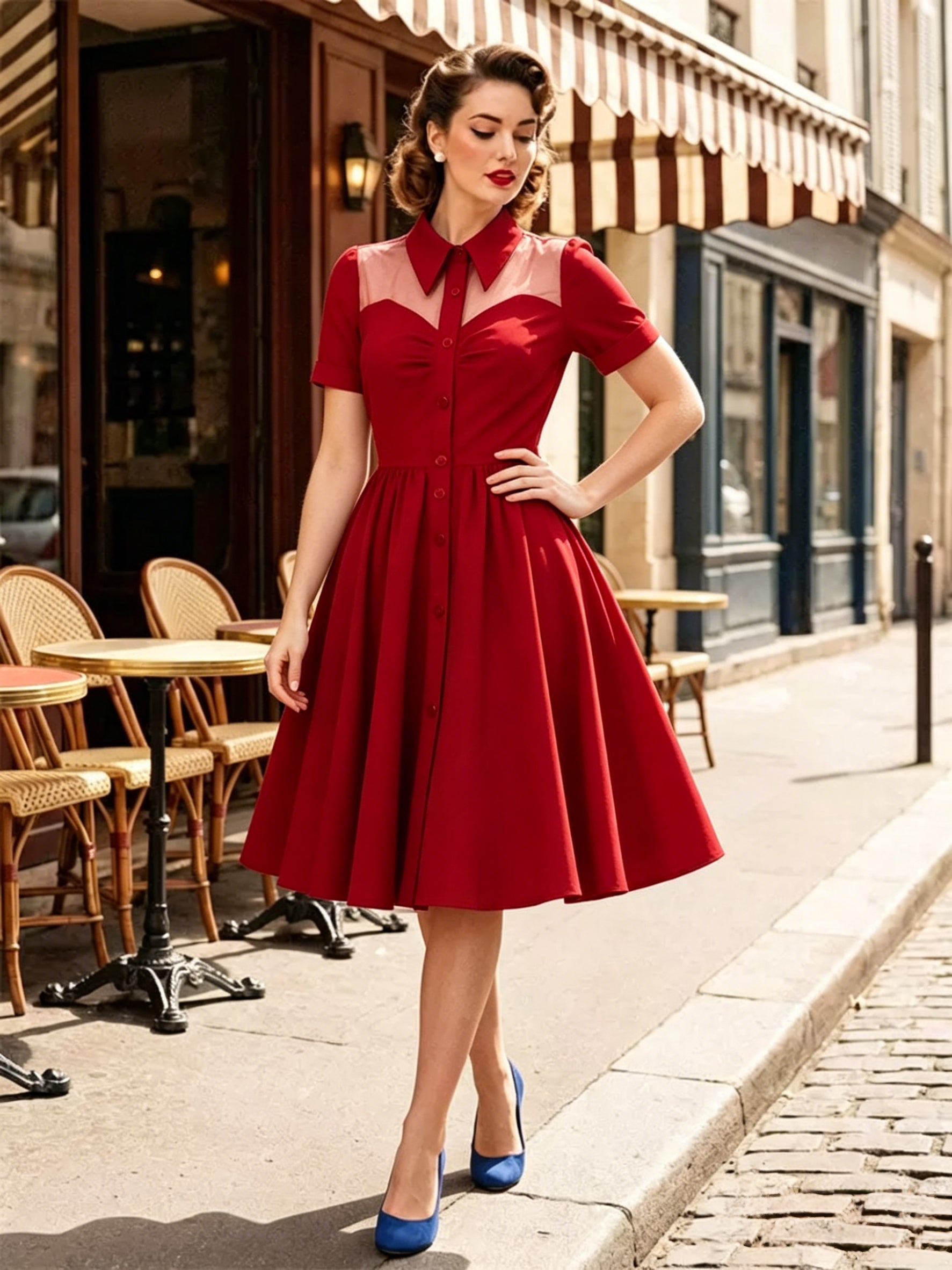 Women's 1950s Vintage Swing Dress Mesh Contrast Collar Button Front Midi Dress