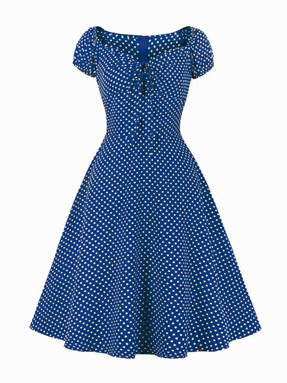 Polka Dot Midi Vintage Dress With Puff Sleeve And Front Tie 2026