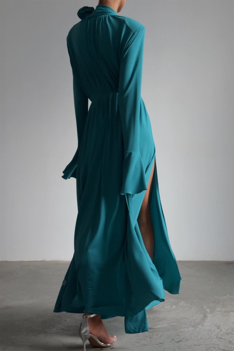 Yedda Flower Trimmed V-Neckline Pleated Slit Maxi Dress