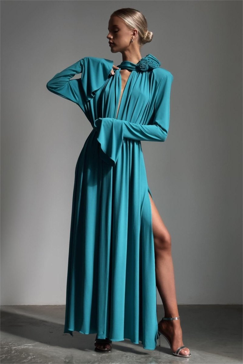 Yedda Flower Trimmed V-Neckline Pleated Slit Maxi Dress