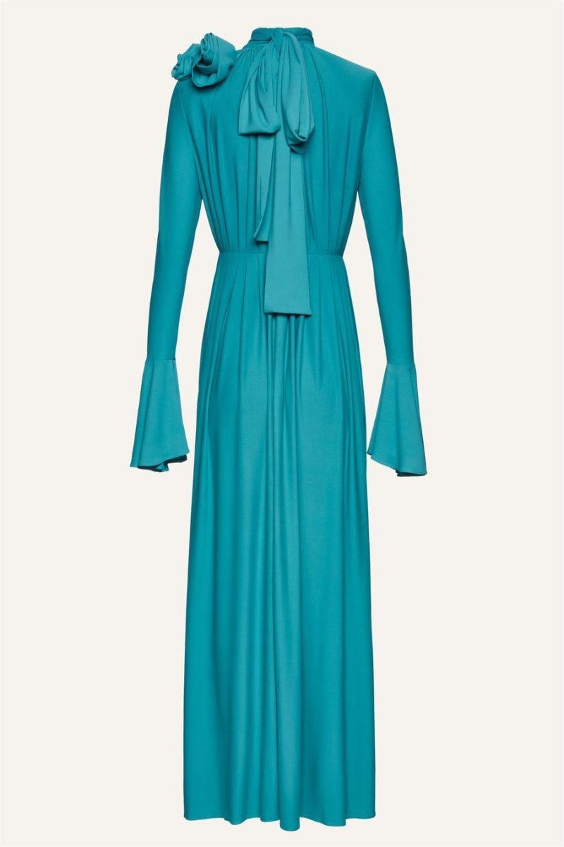 Yedda Flower Trimmed V-Neckline Pleated Slit Maxi Dress