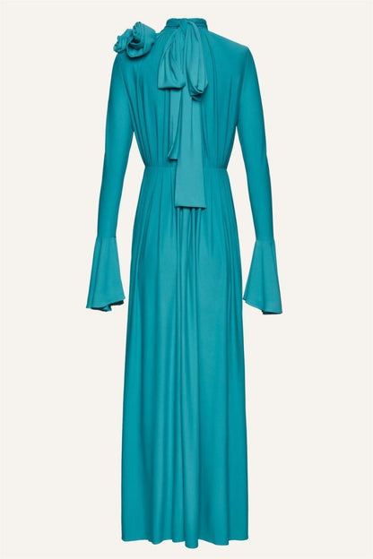 Yedda Flower Trimmed V-Neckline Pleated Slit Maxi Dress