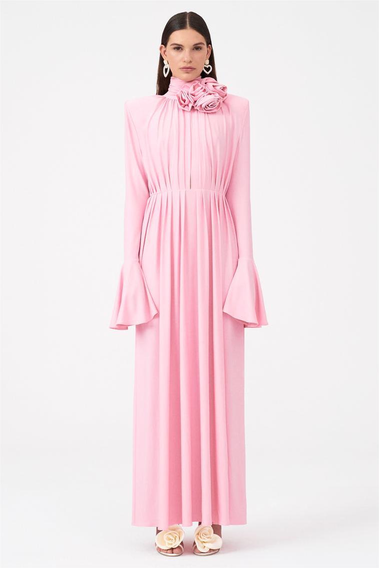 Yedda Flower Trimmed V-Neckline Pleated Slit Maxi Dress