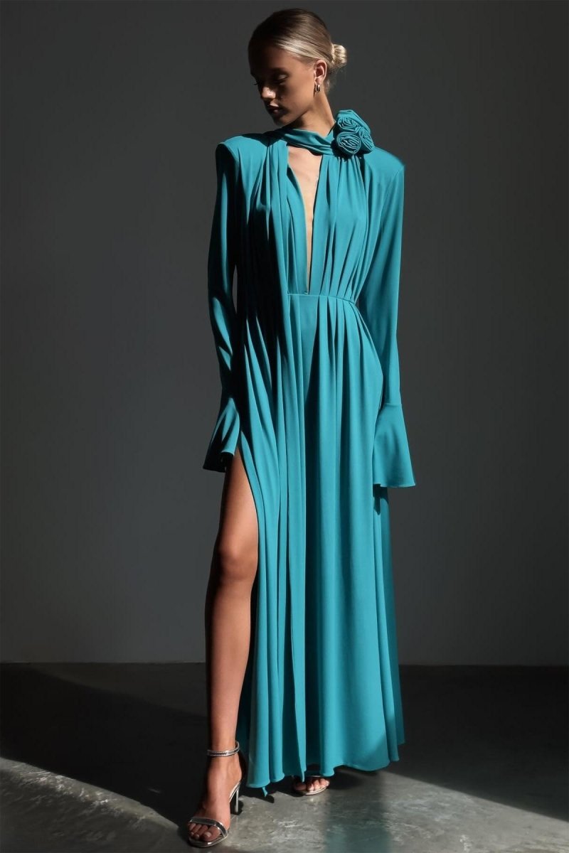 Yedda Flower Trimmed V-Neckline Pleated Slit Maxi Dress