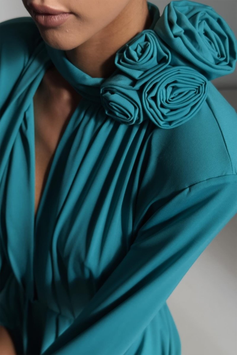 Yedda Flower Trimmed V-Neckline Pleated Slit Maxi Dress