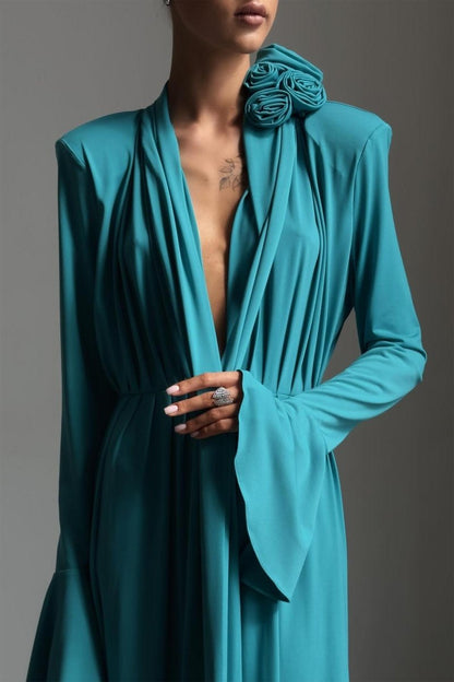 Yedda Flower Trimmed V-Neckline Pleated Slit Maxi Dress