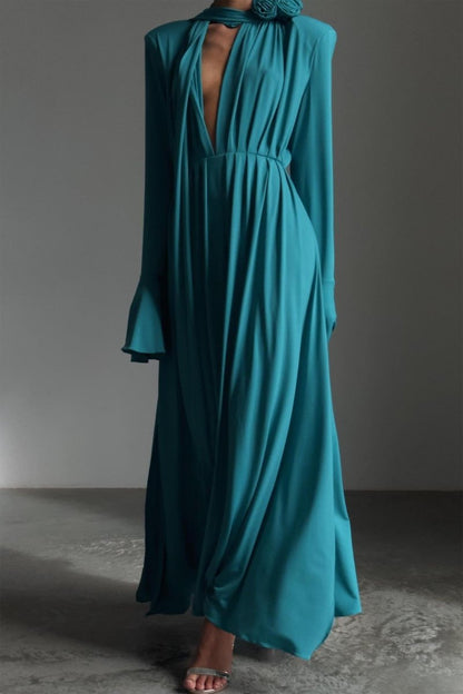 Yedda Flower Trimmed V-Neckline Pleated Slit Maxi Dress