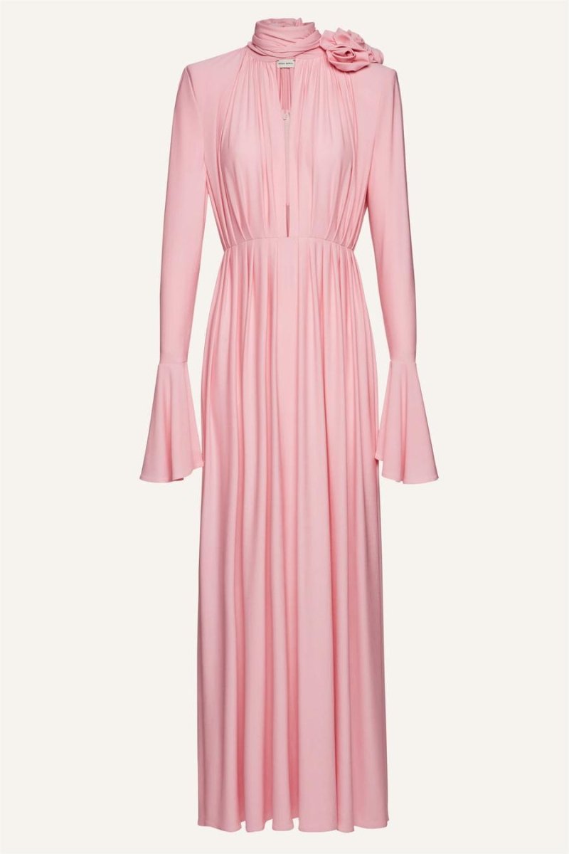 Yedda Flower Trimmed V-Neckline Pleated Slit Maxi Dress