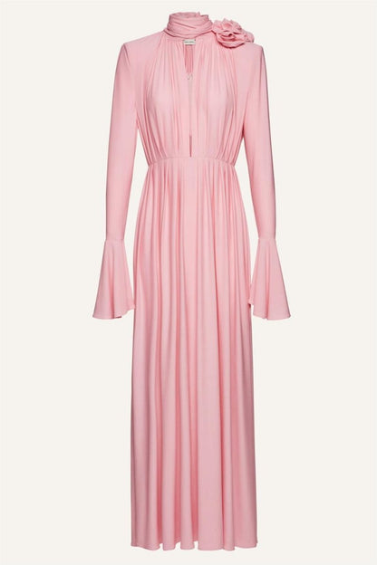 Yedda Flower Trimmed V-Neckline Pleated Slit Maxi Dress