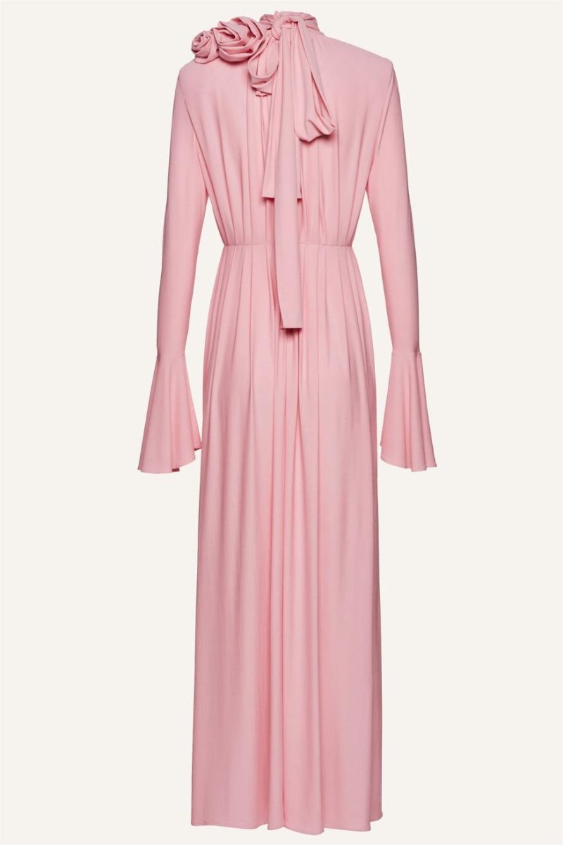 Yedda Flower Trimmed V-Neckline Pleated Slit Maxi Dress