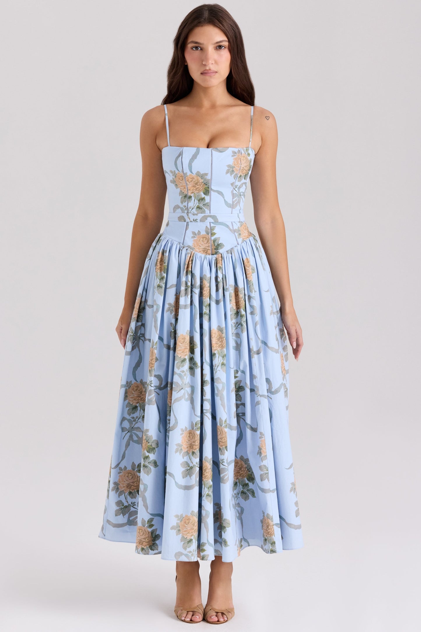 Blue – Elegant Floral Waist-Cinching A-Line Dress