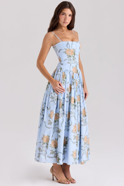 Blue – Elegant Floral Waist-Cinching A-Line Dress
