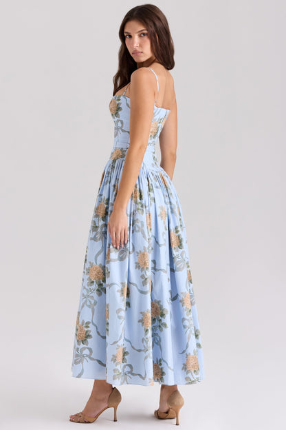 Blue – Elegant Floral Waist-Cinching A-Line Dress