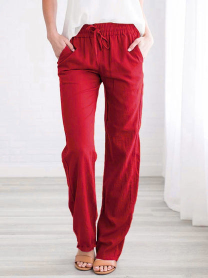 Linen Pants Elasric Waist Lace Up Pockets Loose Summer Casual Trousers