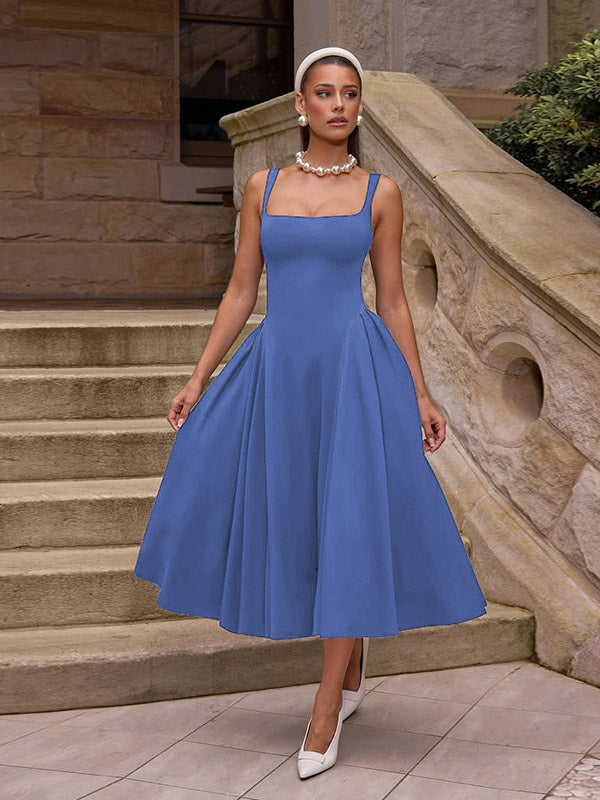 Square Neck Midi Dress For Women - Retro A-Line Pleated Dress - Spring Cocktail Party 2026
