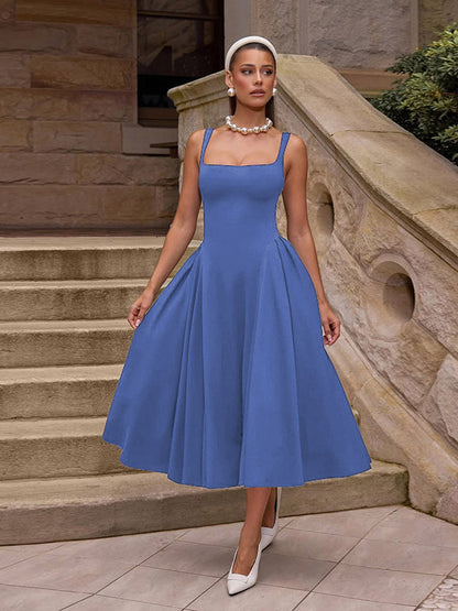 Square Neck Midi Dress For Women - Retro A-Line Pleated Dress - Spring Cocktail Party 2026