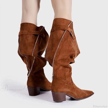 Zip False Leather Gothic Western Knee-High Boot