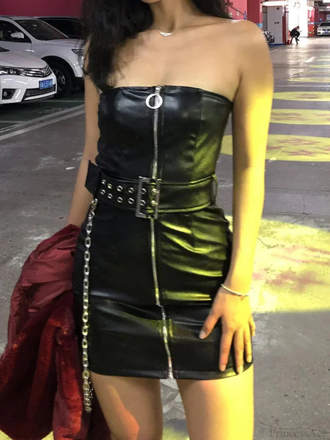 Zip-Front O-Ring Chain Belt Strapless Faux Leather Bodycon Mini Dress