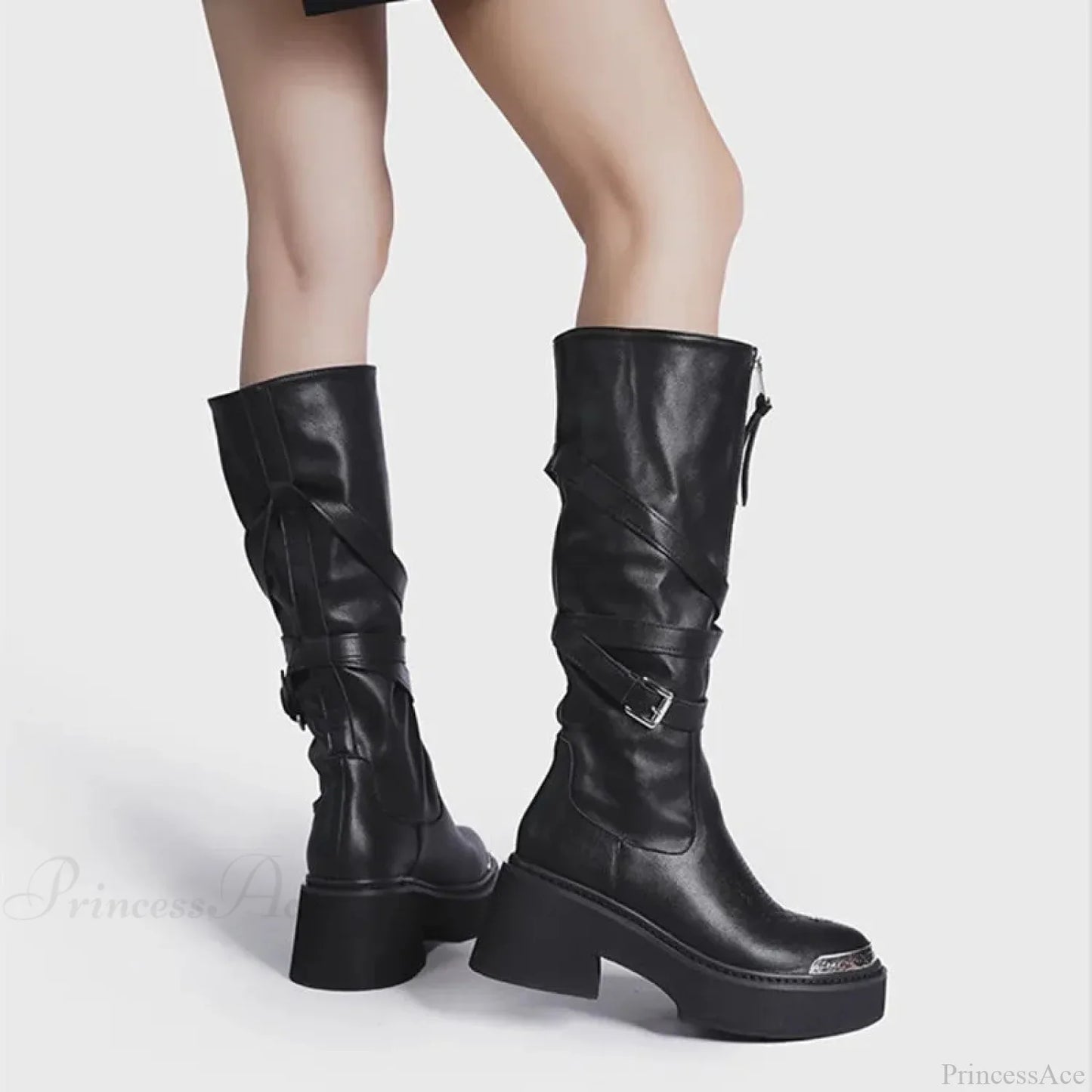 Zipper Dark Knee-High Motorcycle Wedge Boot