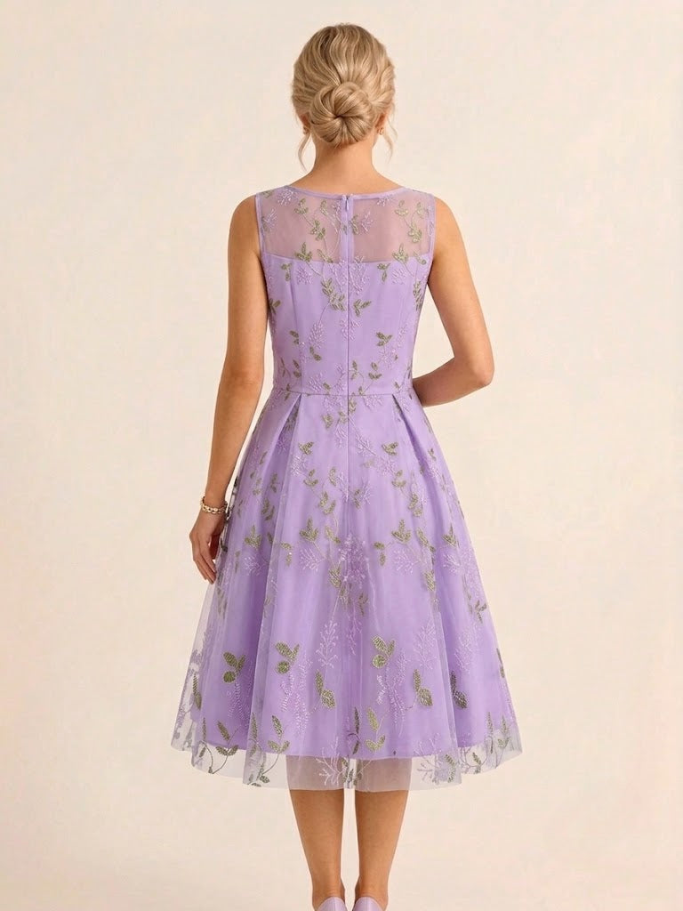Vintage 1950s Floral Midi Dress For Women - Embroidery Mesh Illusion Neck A-Line Swing Prom Dress - Summer Cocktail 2026